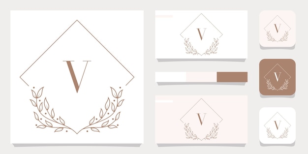 Luxe letter v logo ontwerp met bloemen frame sjabloon, visitekaartje ontwerp