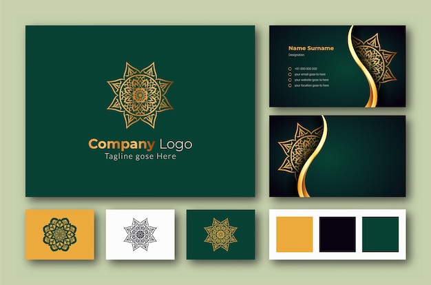 Luxe logo en visitekaartje ontwerpsjabloon met luxe decoratieve mandala arabesque