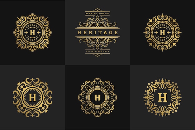 Luxe logo's en monogrammen crest ontwerpsjablonen instellen vectorillustratie. Kalligrafische sierlijke vignetten voor koninklijk modemerk, hotelbord, boetiek of restaurantlogo.