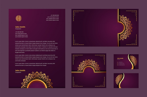 Luxe merkidentiteit of stationaire ontwerpsjabloon met luxe decoratieve mandala arabesque, visitekaartje, briefhoofd