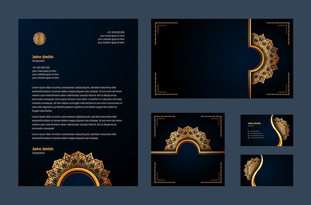 Luxe merkidentiteit of stationaire ontwerpsjabloon met luxe decoratieve mandala arabesque, visitekaartje, briefhoofd