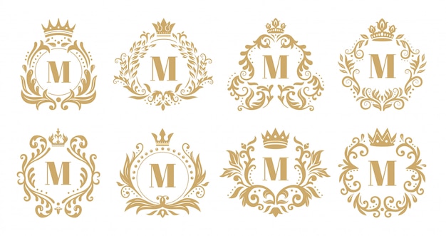 Luxe monogram. Vintage kroon logo, gouden siermonogrammen en heraldische krans sieraad vector set