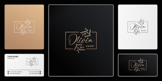 Luxe olivia nature branding logo-ontwerp. met de hand getekend gebladerte, gouden boetiek