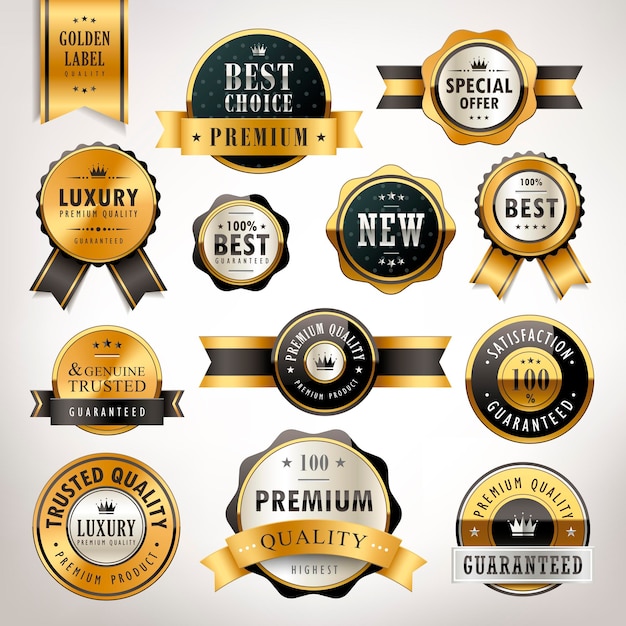 Luxe premium kwaliteit gouden labels collectie over parelwitte achtergrond