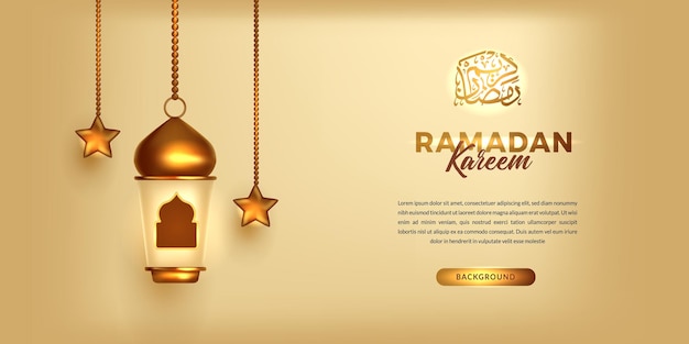 Luxe ramadan mubarak kareem banner met 3d gouden fanoos fanous arabische lantaarn decoratie met kalligrafie tekst vertaling gezegend ramadan