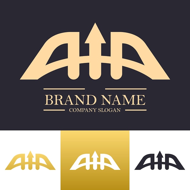 Vector luxe ronde letters aia vector logo ontwerp sjabloon illustratie met gouden kleur en pijl-omhoog