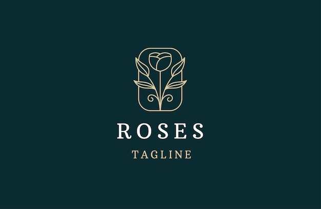 Luxe roze bloem met lijnstijl logo ontwerpsjabloon