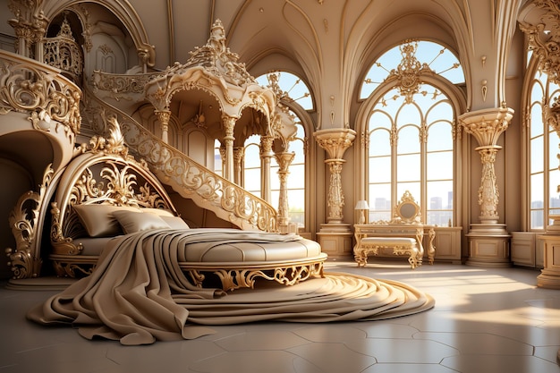 Vector luxe slaapkamer in lichte kleuren met gouden meubeldetails groot comfortabel koninklijk tweepersoonsbed