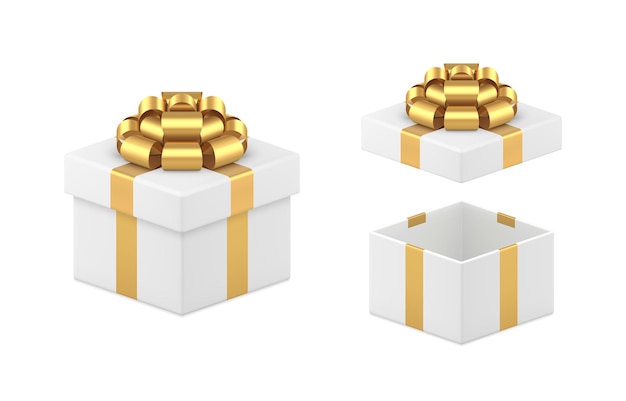 Luxe verpakte witte geschenkdoos set met open gesloten dop uitpakken set realistische vectorillustratie