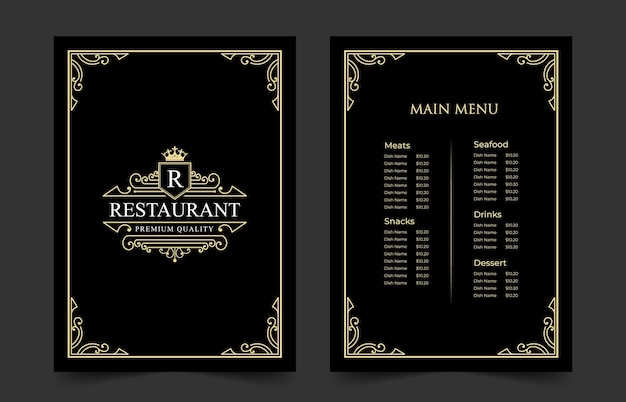 Vector luxe vintage restaurant eten menukaart sjabloon baai met logo voor hotel café bar coffeeshop