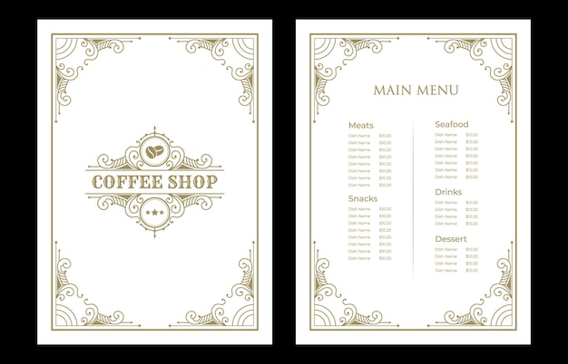 Luxe vintage restaurant eten menukaart sjabloon baai met logo voor hotel café bar koffieshop