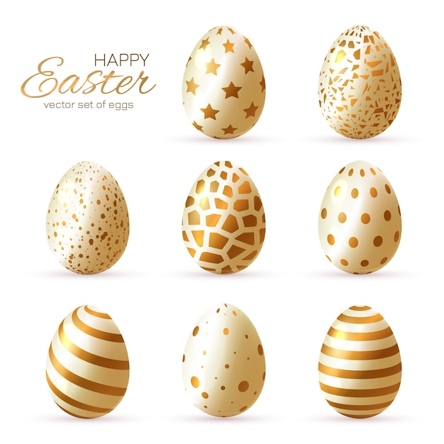 Luxe vrolijke paaskaart met eieren veel mooie gouden realistische eieren set