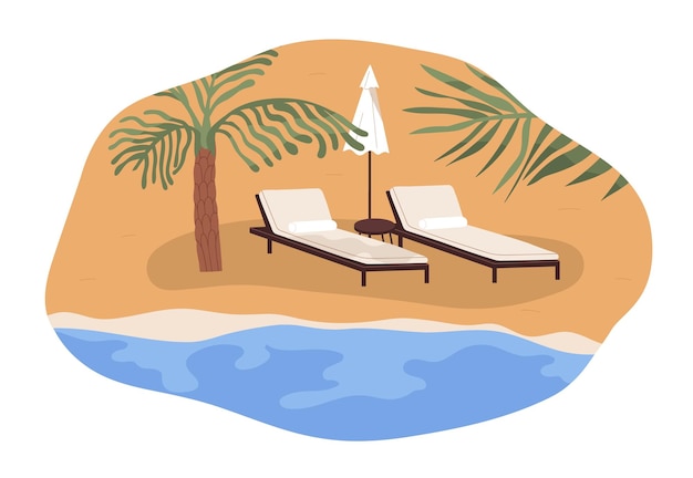 Luxe zandstrand, badplaats met twee chaise longues, ligstoelen. privé premium zeekust met lege persoonlijke ligbedden en parasol in de zomer. platte vectorillustratie geïsoleerd op een witte achtergrond