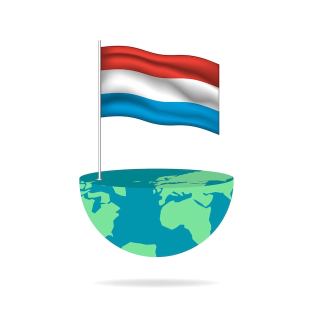 Luxembourg flag pole on globe. Flag waving around the world. Easy editing and vector in groups.