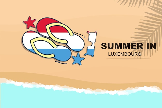 Luxembourg summer holiday vector banner beach vacation flip flops sunglasses starfish on sand