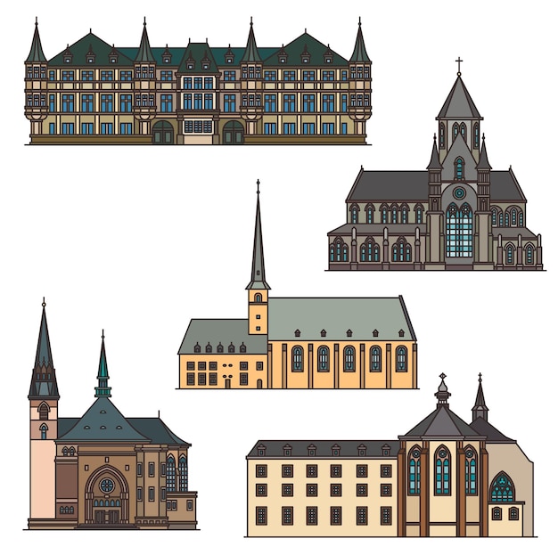 Punti di riferimento e architettura di viaggio in lussemburgo, edifici turistici della città di vettore. lussemburgo chiesa della santa trinità a vianden, onze lieve vrouwe van tamele, palazzo granducale e abbazia di neumünster