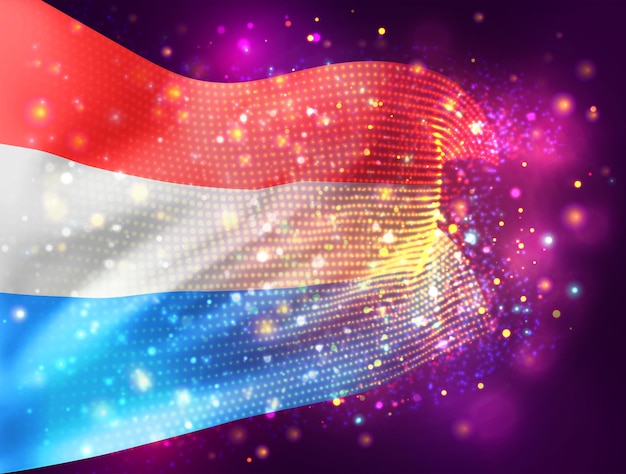Люксембург, вектор 3d флаг на розовом фиолетовом фоне с освещением и вспышками