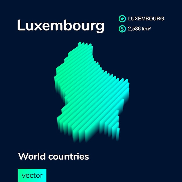 Luxemburg 3D-kaart Gestileerde gestreepte isometrische vectorkaart van Luxemburg in neongroen en mintkleuren