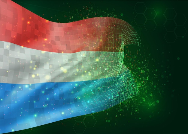 Luxemburg, op vector 3D-vlag op groene achtergrond met veelhoeken en gegevensnummers