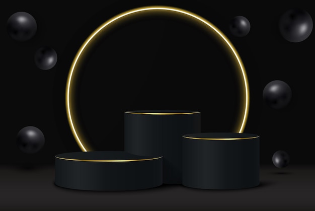 Luxurious black and gold round podium on a dark background of an empty room. The black ball decorates. Abstract vector rendering of 3d shape for product presentation.