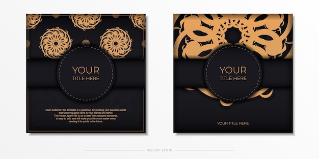 Luxurious black square postcard template with vintage abstract ornament Elegant and classic vector elements ready for print and typography