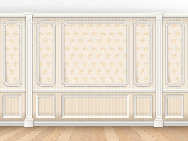 Vector luxurious classic interior in classical style with moldings and pilasters wallpaper on the walls in the damask pattern interior background vector realistic illustration