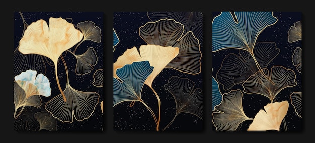 Luxurious dark background with ginkgo leaves in gold. botanical posters for decor, print, design