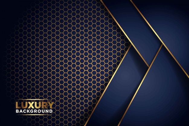 Luxurious dark navy gold line overlap with hexagon mesh pattern combination. elegant modern futuristic background