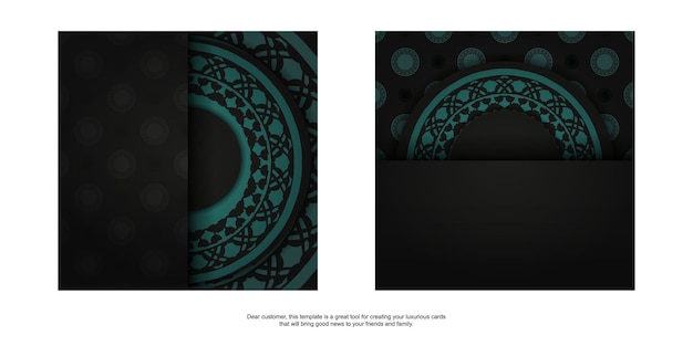 Luxurious design of postcard in black color with blue greek ornaments. Invitation card design with space for your text and abstract patterns.