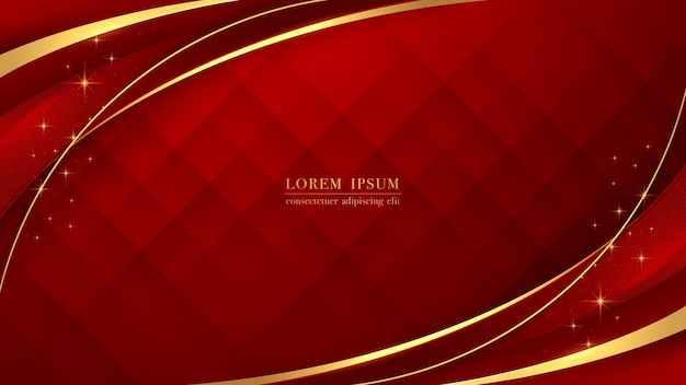 Luxurious golden curve line with glittering light on red abstract background