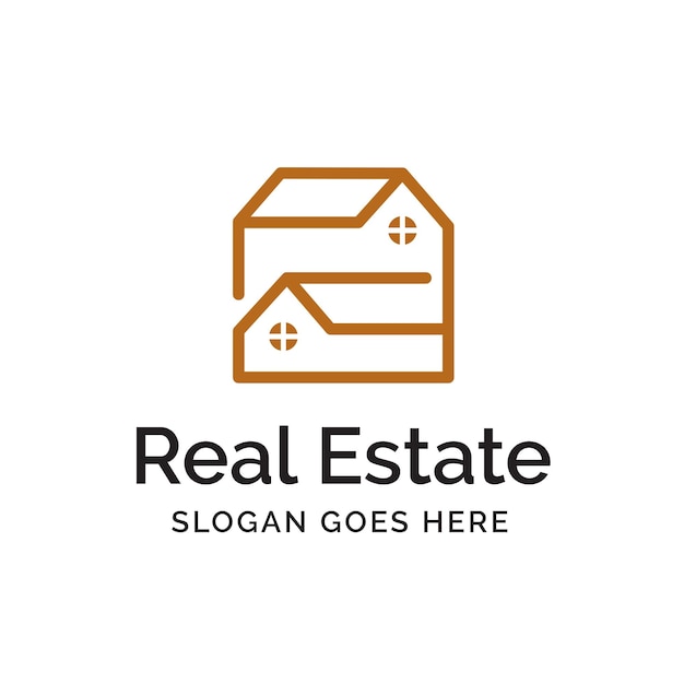 Вектор Роскошный дизайн логотипа недвижимости дома-близнеца с золотой линией