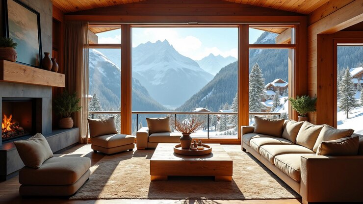 Vector luxurious mountain lodge living room with large windows