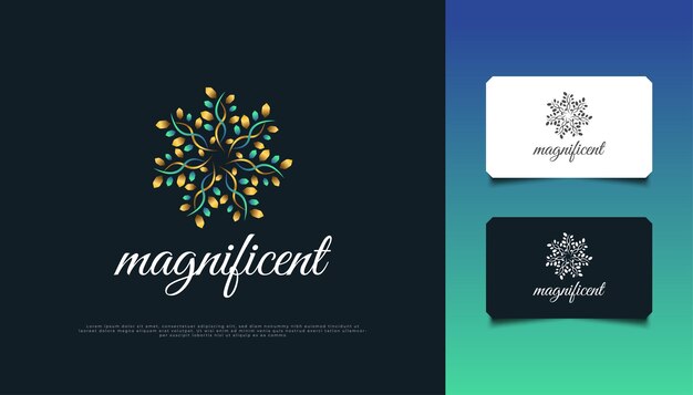 고급스러운 자연 꽃 잎 장식 로고. 우아한 녹색과 금색 만다라