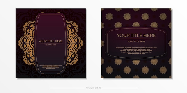 Luxurious preparation of postcards in burgundy color with vintage ornaments Template for design printable invitation card with mandala patterns