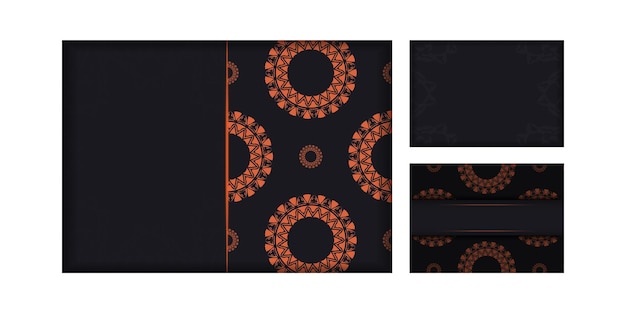 オレンジ色のパターンが付いた黒の豪華なすぐに印刷できるポストカードデザイン。あなたのテキストとヴィンテージの装飾品のための場所と招待状のテンプレート。