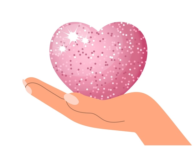 Luxurious shiny pink heart in a female hand. Illustration, valentine, wedding icon, vector