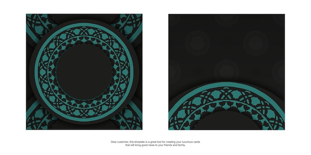 Luxurious Template for print design postcard in black color with blue Greek ornament. Preparing an invitation with a place for your text and abstract patterns.