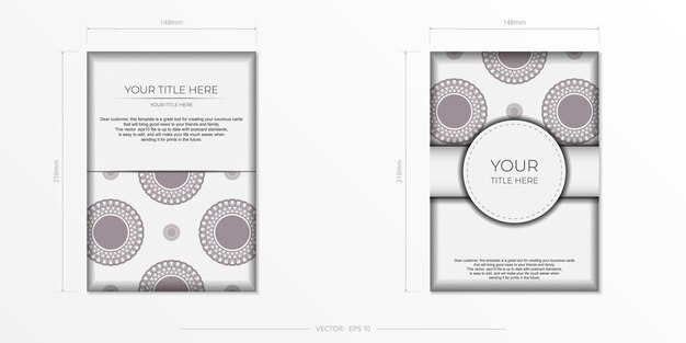 Luxurious template for print design postcards in white color with dark greek patterns.