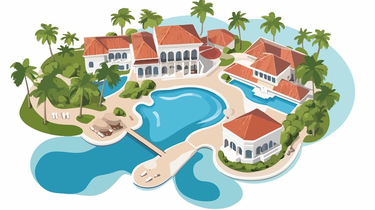 Vector luxurious tropical island resort aerial view for travel and vacation concepts