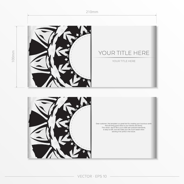 Vettore modello vettoriale di lusso per cartoline di design di stampa colore bianco con motivi neri preparare un invito con un posto per il testo e l'ornamento astratto