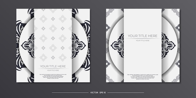 Luxurious White Postcard Template with Vintage Black Ornament. Print-ready invitation design with mandala patterns.