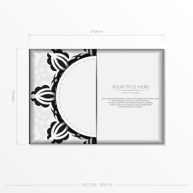 Luxurious white rectangular invitation card template with vintage abstract ornament. 