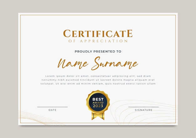 Vector luxury abstract certificate of achievement with gold badge template