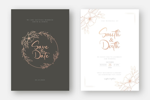 ベクトル ラインアートスタイルの花の花輪のイラストと豪華で最小限の結婚式の招待カードのテンプレート