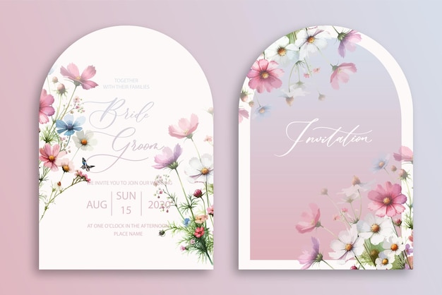 Luxury arch wedding invitation card background with watercolor wild cornflowers