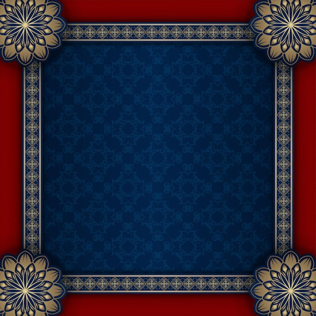 Luxury background blue and red with golden mandala ornament