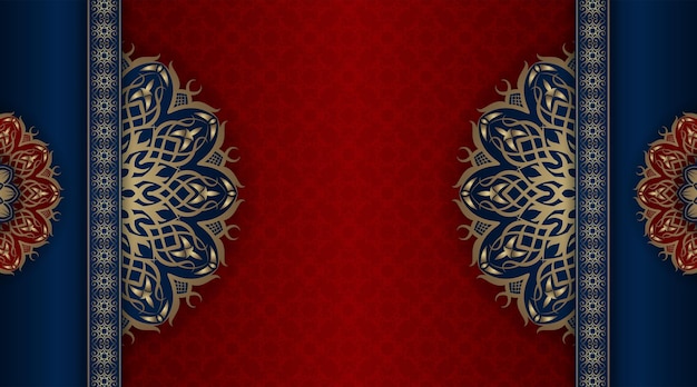 Luxury background blue and red with golden mandala ornament