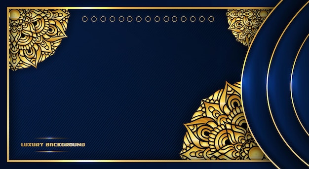 luxury background gold color mandala ornament line design isolated on dark blue background