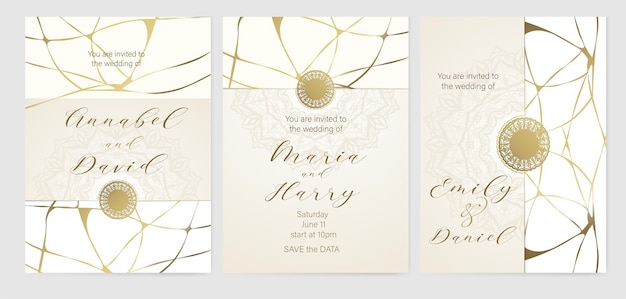 Luxury background for Wedding invitations with mandala and golden kintsugi design.