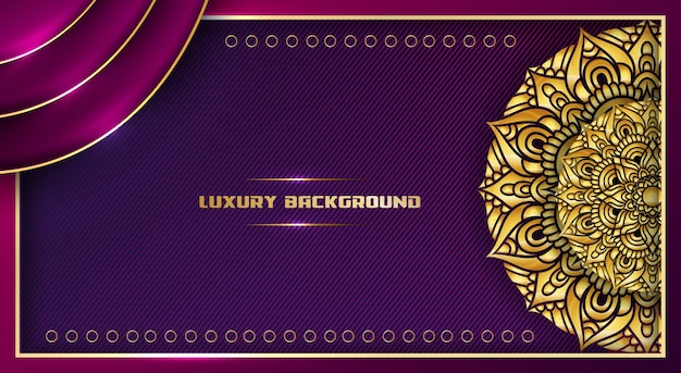 luxury background with elegant gold outline frame and mandala design with purple gradient color